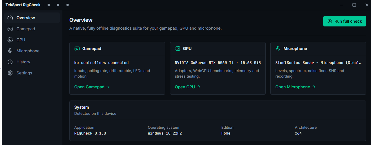 RigCheck's dark Overview screen: a left-hand sidebar, three device cards for the gamepad, GPU and microphone testers, and a row of system information beneath.
